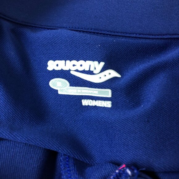 Saucony Quarter Zip Pullover Activewear Top Medium Blue Pink Accents Thumbholes - Picture 3 of 8